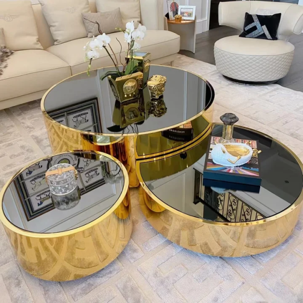 Bordeaux 3-Piece Coffee Table Set – DotFurn (Mirrored Stainless Steel, Modern Italian Design)