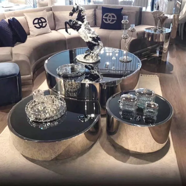 Bordeaux 3-Piece Coffee Table Set – DotFurn (Mirrored Stainless Steel, Modern Italian Design) - Image 3