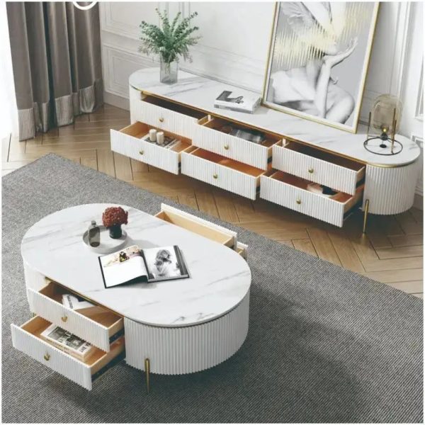 Luella White Marble TV Stand – DotFurn (6 Drawers, Luxury Wave Design, 2m Length)Luella White Marble TV Stand – DotFurn (6 Drawers, Luxury Wave Design, 2m Length) - Image 4