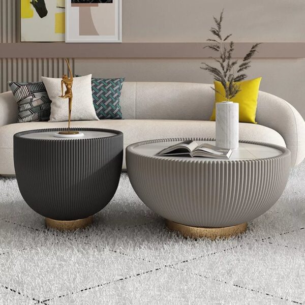 Le Tambour Blanc Round Drum Coffee Table with White Faux Marble Top | DotFurn