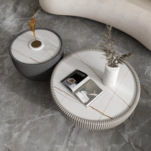 Le Tambour Blanc Round Drum Coffee Table with White Faux Marble Top | DotFurn - Image 2