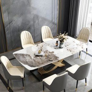 Osaka Dining Table Set – DotFurn (1 Table + 6 Chairs, Marble Effect Top, Gold Base, 2 Chair Colour Options)