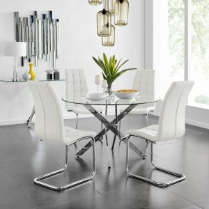 Riviera Dining Set (Glass Table + 4 Chairs) – DotFurn (Chrome Nest Legs, Faux Leather Seating, Modern Round Design)
