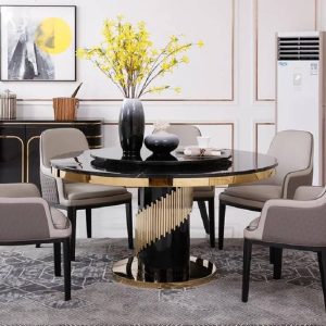 Addison Round Marble Dining Table – DotFurn (140cm, Black Marble Top, Gold Stainless Steel Base)
