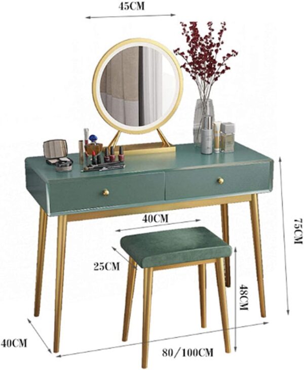 Verde Luxe Dressing Table Set with Gold Legs & Stool – Deep Green Finish - Image 3