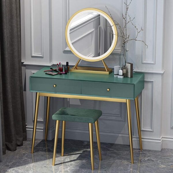 Verde Luxe Dressing Table Set with Gold Legs & Stool – Deep Green Finish