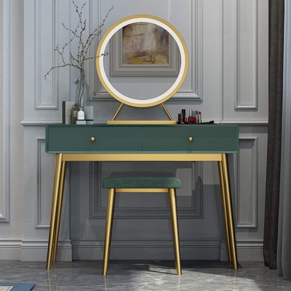 Verde Luxe Dressing Table Set with Gold Legs & Stool – Deep Green Finish - Image 2