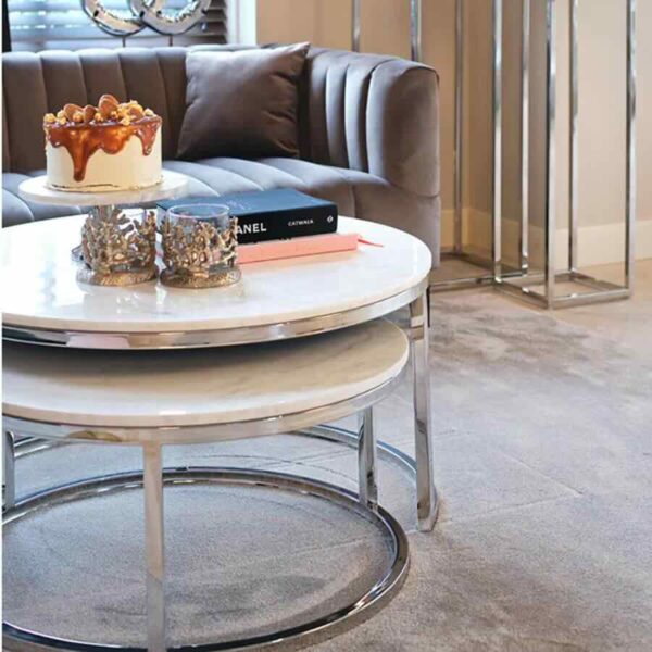 Marbre Deux Modern Round White Marble Nesting Coffee Table Set – Silver Metal Base | DotFurn - Image 3