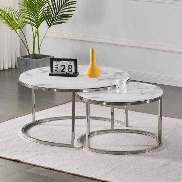 Marbre Deux Modern Round White Marble Nesting Coffee Table Set – Silver Metal Base | DotFurn - Image 2