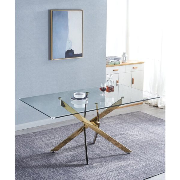 Maison Rectangular Glass Dining Table – DotFurn (180cm, Gold Crisscross Base, Contemporary Design) - Image 2