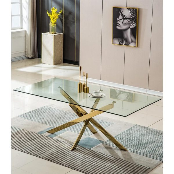 Maison Rectangular Glass Dining Table – DotFurn (180cm, Gold Crisscross Base, Contemporary Design)