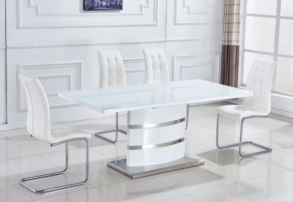 Clessidra High Gloss Extending Dining Suite – DotFurn (White Table + 8 Salsa Chairs in White, Grey, or Black)