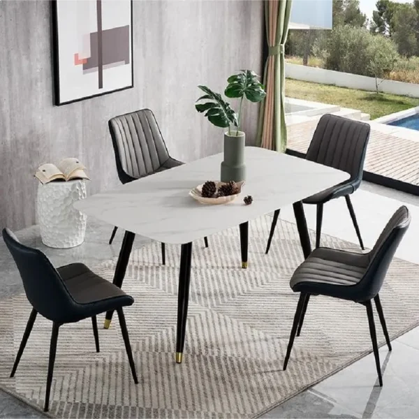 Kinabaru Stone Dining Set – DotFurn (6-Seater, Faux Marble Top, Gold Base + PU Chairs)