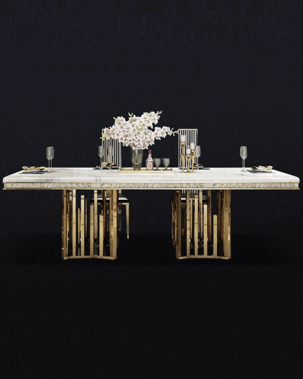 Mármol Blanco Dining Table – DotFurn (220cm, White Marble-Effect Top, Polished Gold Curved Base) - Image 3