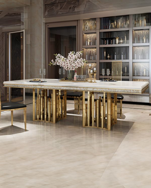 Mármol Blanco Dining Table – DotFurn (220cm, White Marble-Effect Top, Polished Gold Curved Base) - Image 4