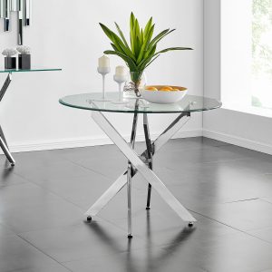 Lambert Round Glass Dining Table – DotFurn (100cm, Chrome Nest Base, Tempered Glass Top)