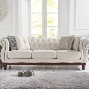 DotFurn Windsor Chesterfield Sofa | Ivory Linen Fabric 3-Seater | Classic Tufted Lounge Suite