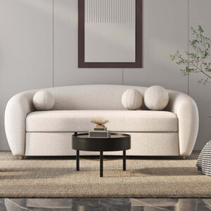 DotFurn Isla Curved Sofa | White Bouclé Fabric 3-Seater | Modern Luxury Lounge Couch