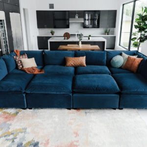 DotFurn Skye Cloud Modular Sofa | Large Sectional Suite | Deep Seating Luxury | Blue & Grey Fabric