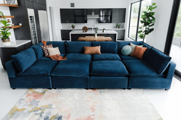 DotFurn Skye Cloud Modular Sofa | Large Sectional Suite | Deep Seating Luxury | Blue & Grey Fabric