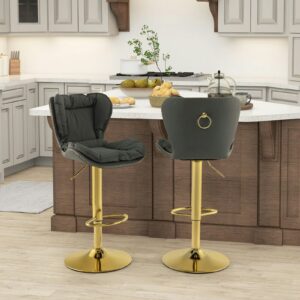DotFurn Virginia Swivel Bar Stools – Set of 2 | Adjustable Gold Base | Palomino Suede Bucket Seats