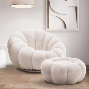 Dotfurn Cotton Cay – White Teddy Boucle Swivel Accent Sofa with Footstool