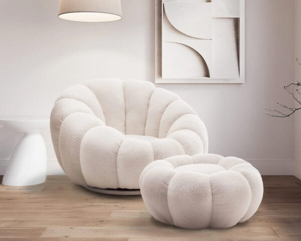 Dotfurn Cotton Cay - White Teddy Boucle Swivel Accent Sofa with Footstool