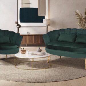 Dotfurn Emerald Ensemble – Bottle Green Velvet 2+1 Seater Sofa Set | Gold Legs
