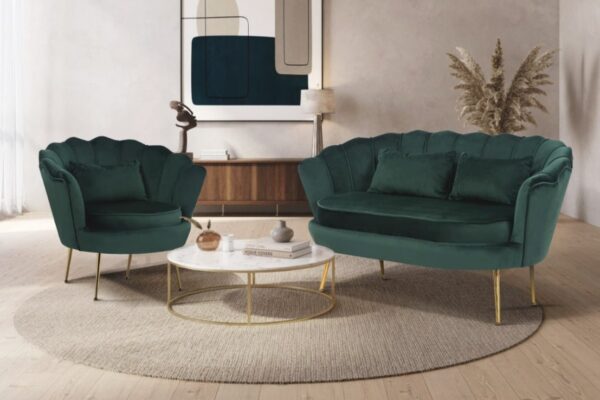 Dotfurn Emerald Ensemble - Bottle Green Velvet 2+1 Seater Sofa Set | Gold Legs