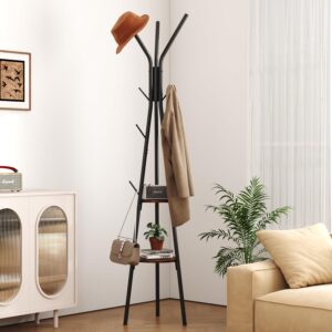 Beckwith Black Coat Rack – Free Standing Hall Tree with 2 Storage Shelves & 12 Hooks | Heavy-Duty Metal & Engineered Wood Clothes Hanger for Entryway, Bedroom or Office