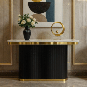 Archie White Sintered Stone Console Table – Marble-Look with Gold Trim (140cm) | Luxury Statuario Style Entryway Table with Single Leg & Curved Edges