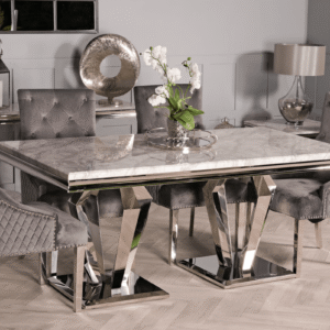 Croxley 2m Grey Marble Dining Room Set with 6 Lion Knocker Chairs