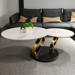 Latafa Sintered Stone Motion Coffee Table – Swivel Design, Gold & Black Base