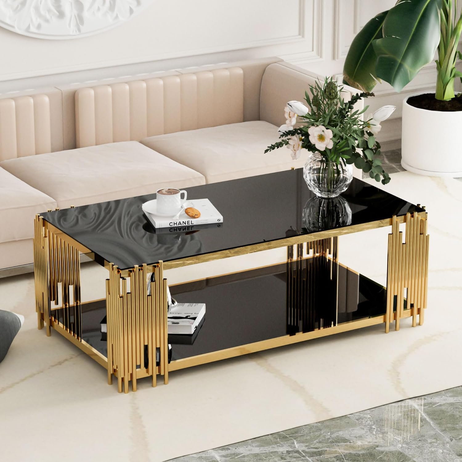 Derlig Black & Gold 2-Tier Tempered Glass Coffee Table | Modern Luxury - Image 3