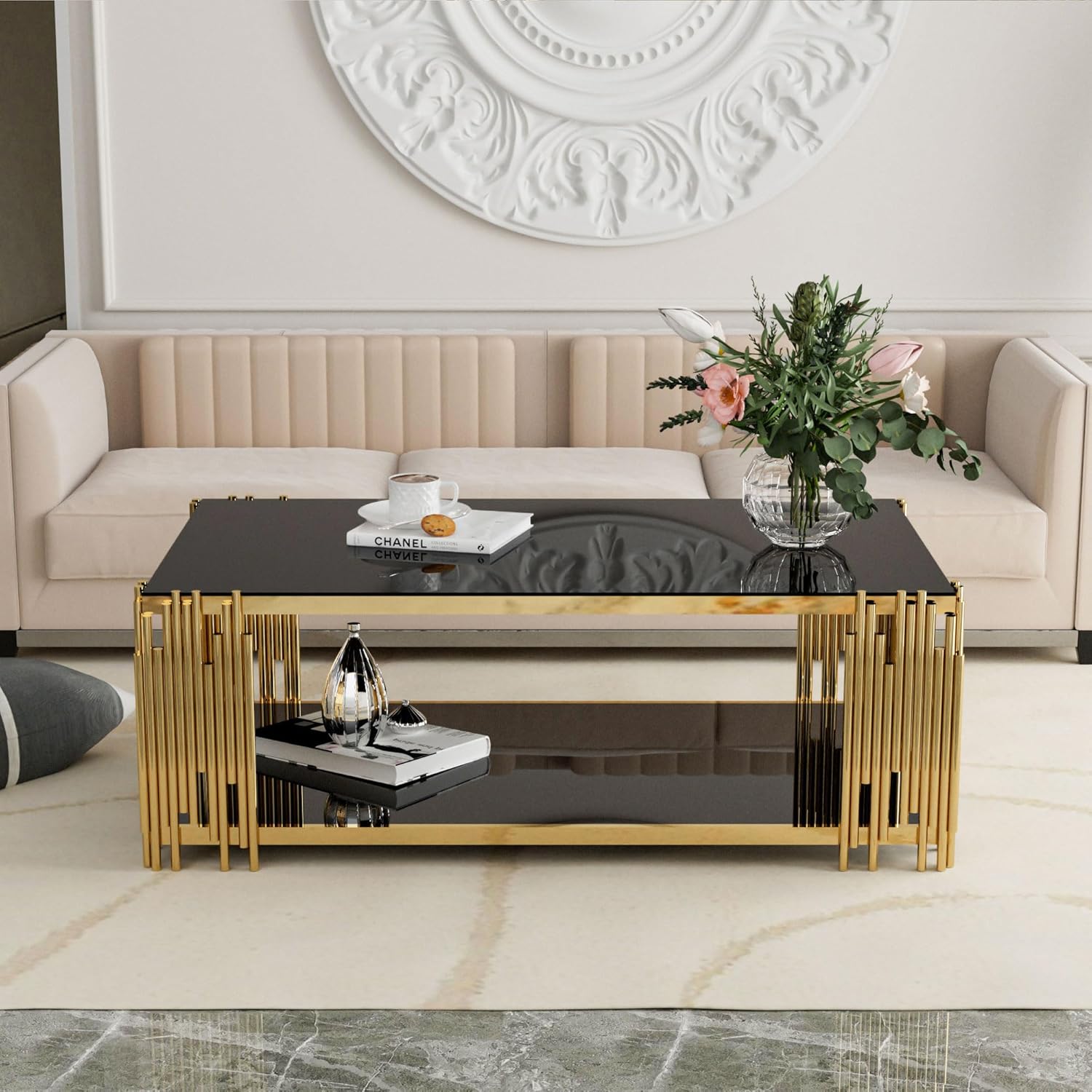 Derlig Black & Gold 2-Tier Tempered Glass Coffee Table | Modern Luxury - Image 2