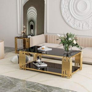 Derlig Black & Gold 2-Tier Tempered Glass Coffee Table | Modern Luxury