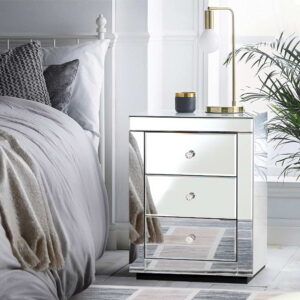 Presia Mirrored Bedside Table – Silver | 3-Drawer Crystal Handle Nightstand