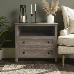 Sage Bedside Table – Rustic Oak | Modern 2-Drawer Nightstand with Open Shelf